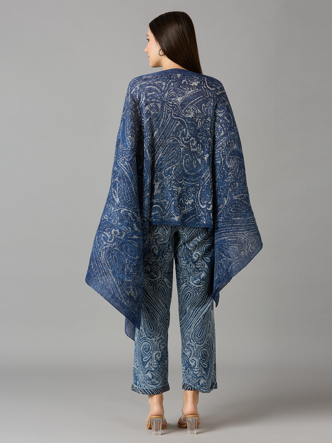 Denim Paisley Printed Off Shoulder Brocade Pleated Poncho