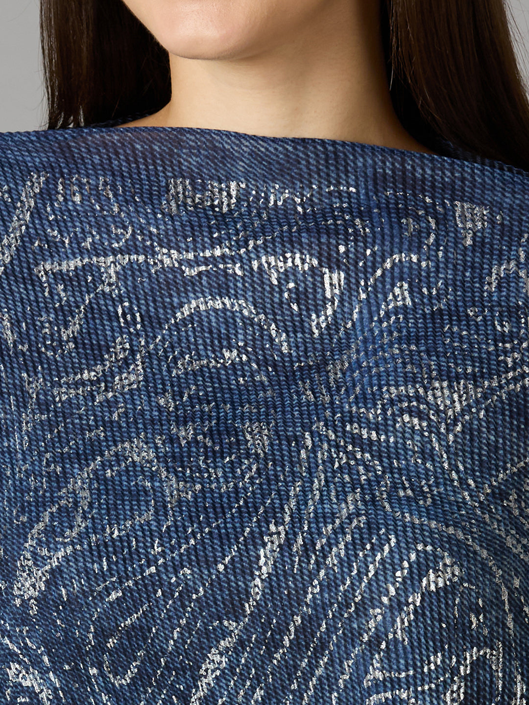 Denim Paisley Printed Off Shoulder Brocade Pleated Poncho