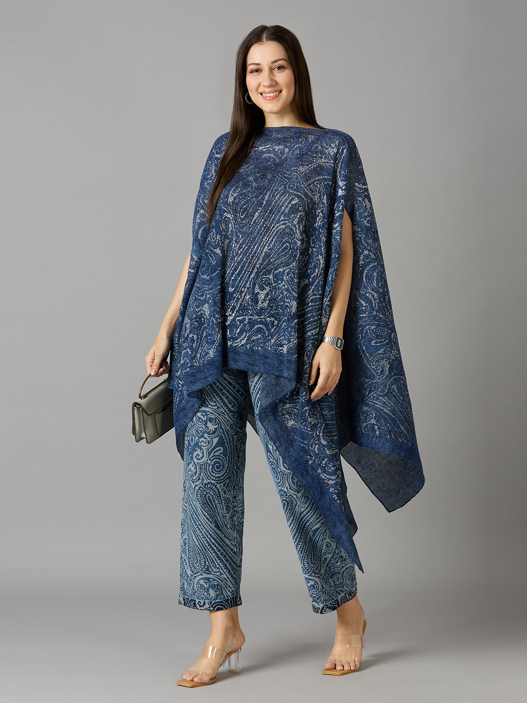 Denim Paisley Printed Off Shoulder Brocade Pleated Poncho