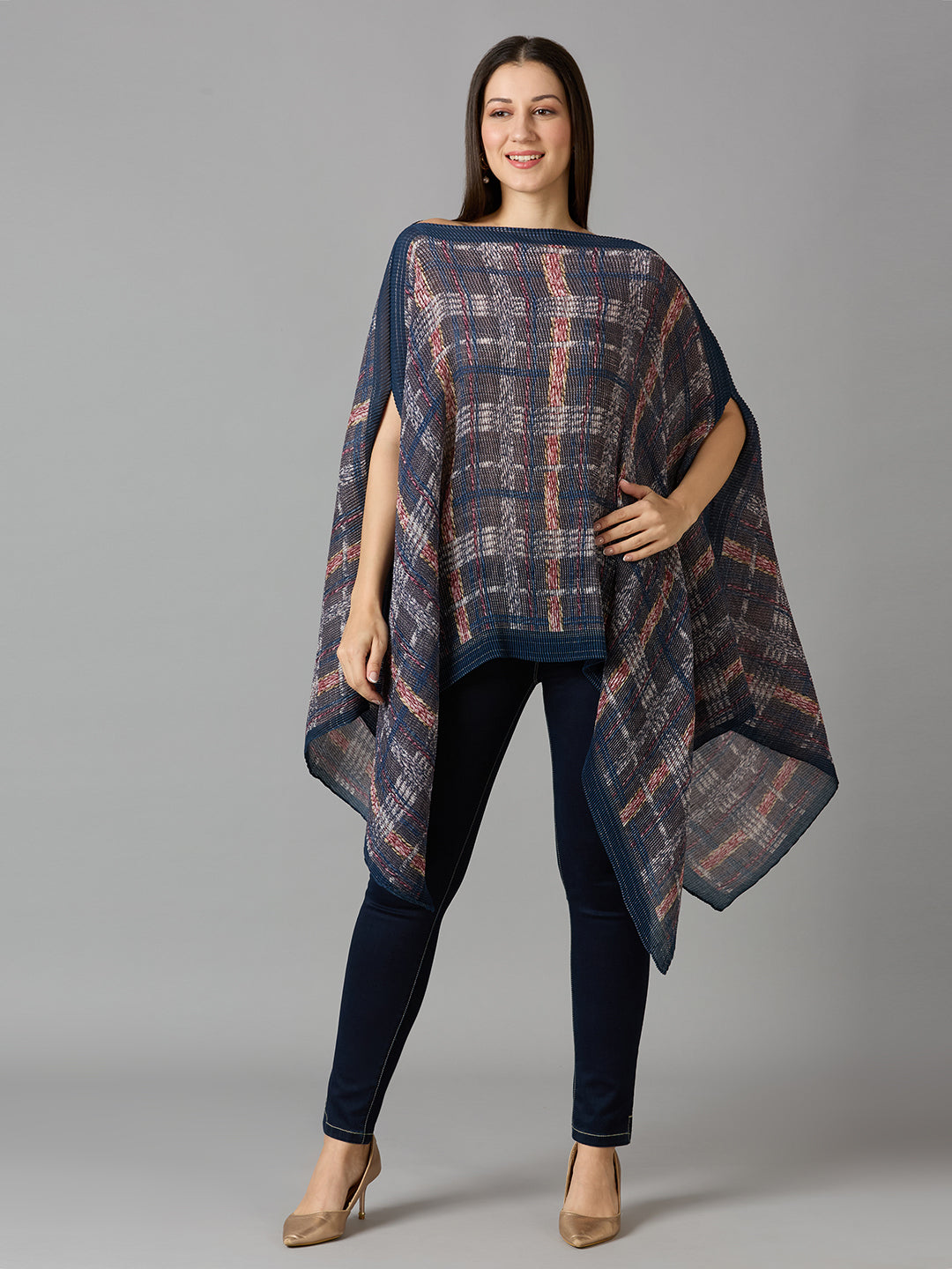 Brocade Checks Printed Multi Pleated Poncho
