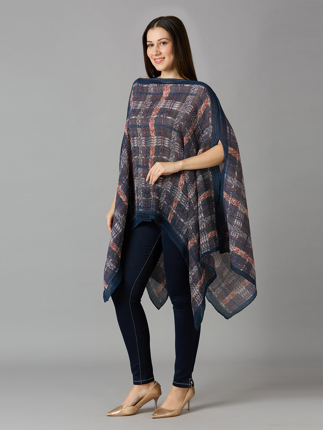 Multi Checks Printed Off Shoulder Brocade Pleated Poncho