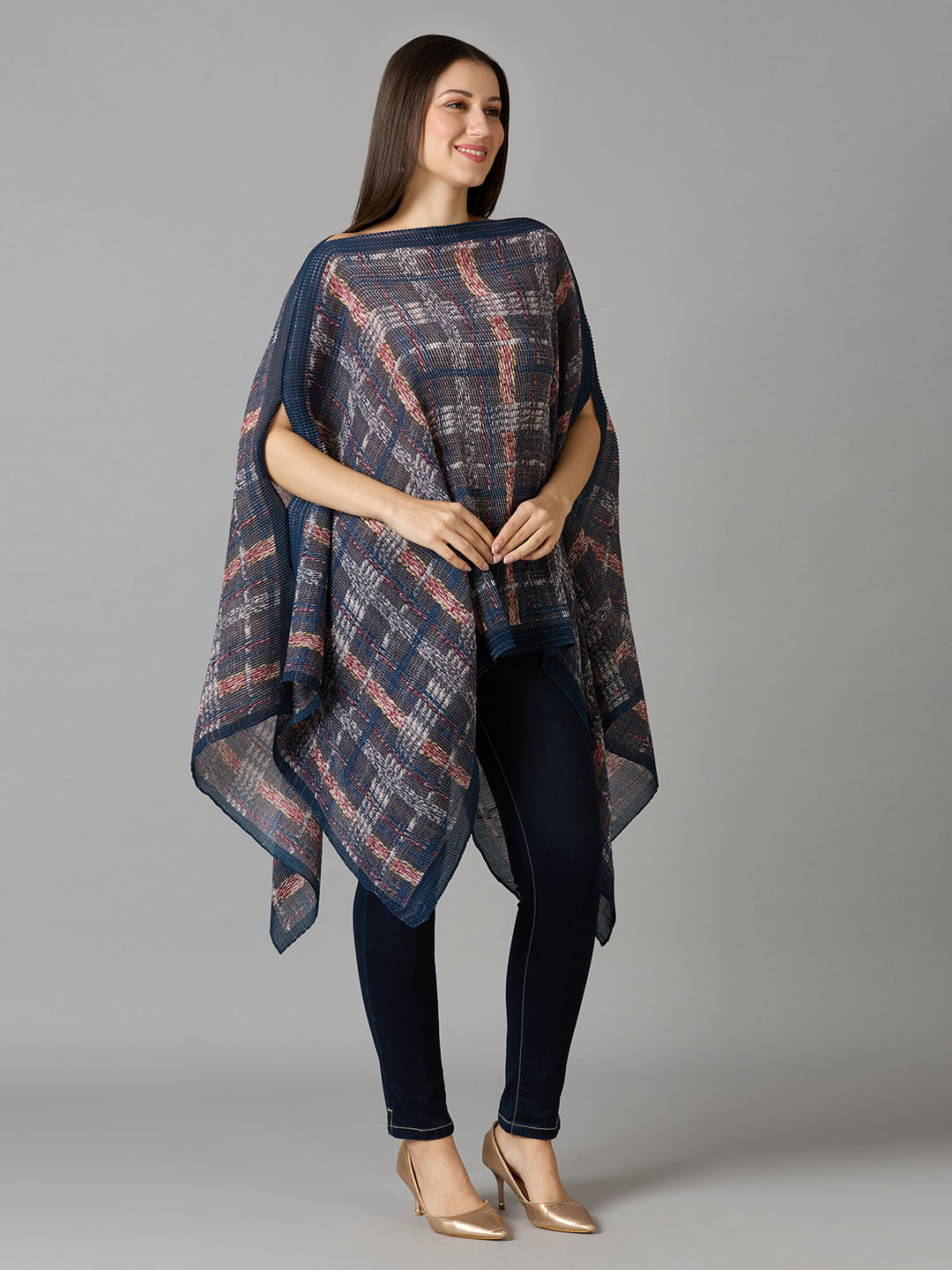 Multi Checks Printed Off Shoulder Brocade Pleated Poncho