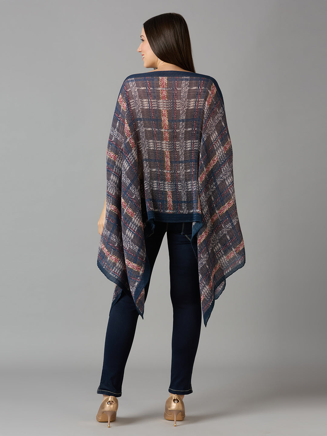 Multi Checks Printed Off Shoulder Brocade Pleated Poncho