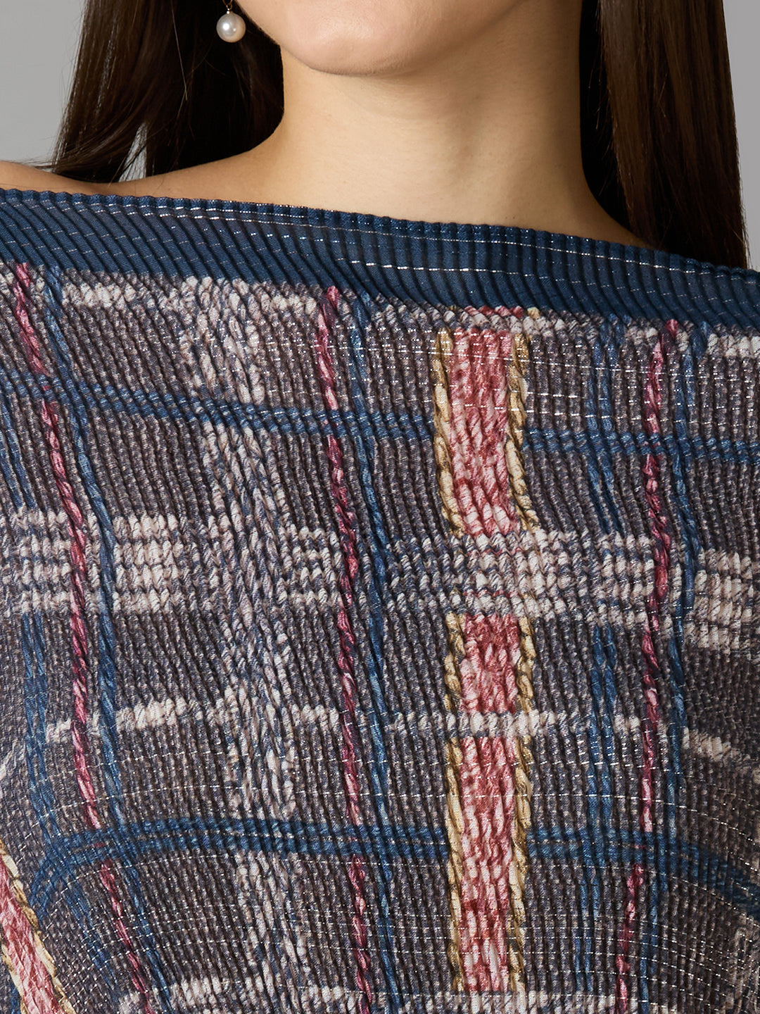 Multi Checks Printed Off Shoulder Brocade Pleated Poncho