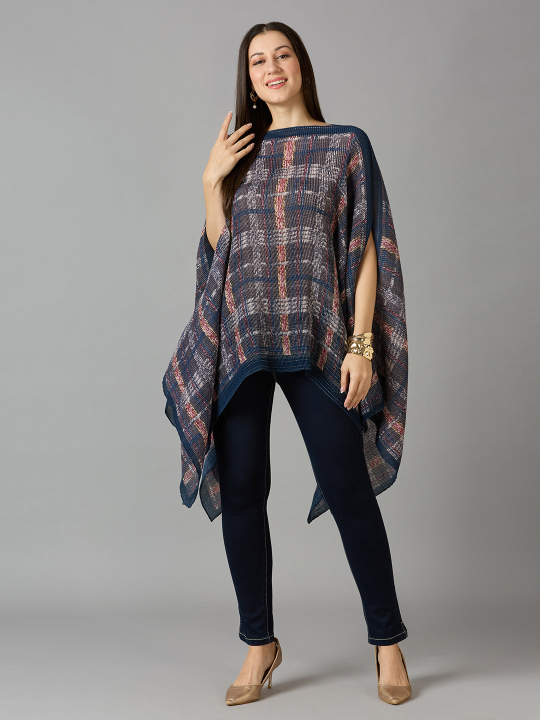 Multi Checks Printed Off Shoulder Brocade Pleated Poncho