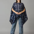Brocade Checks Printed Denim Pleated Poncho