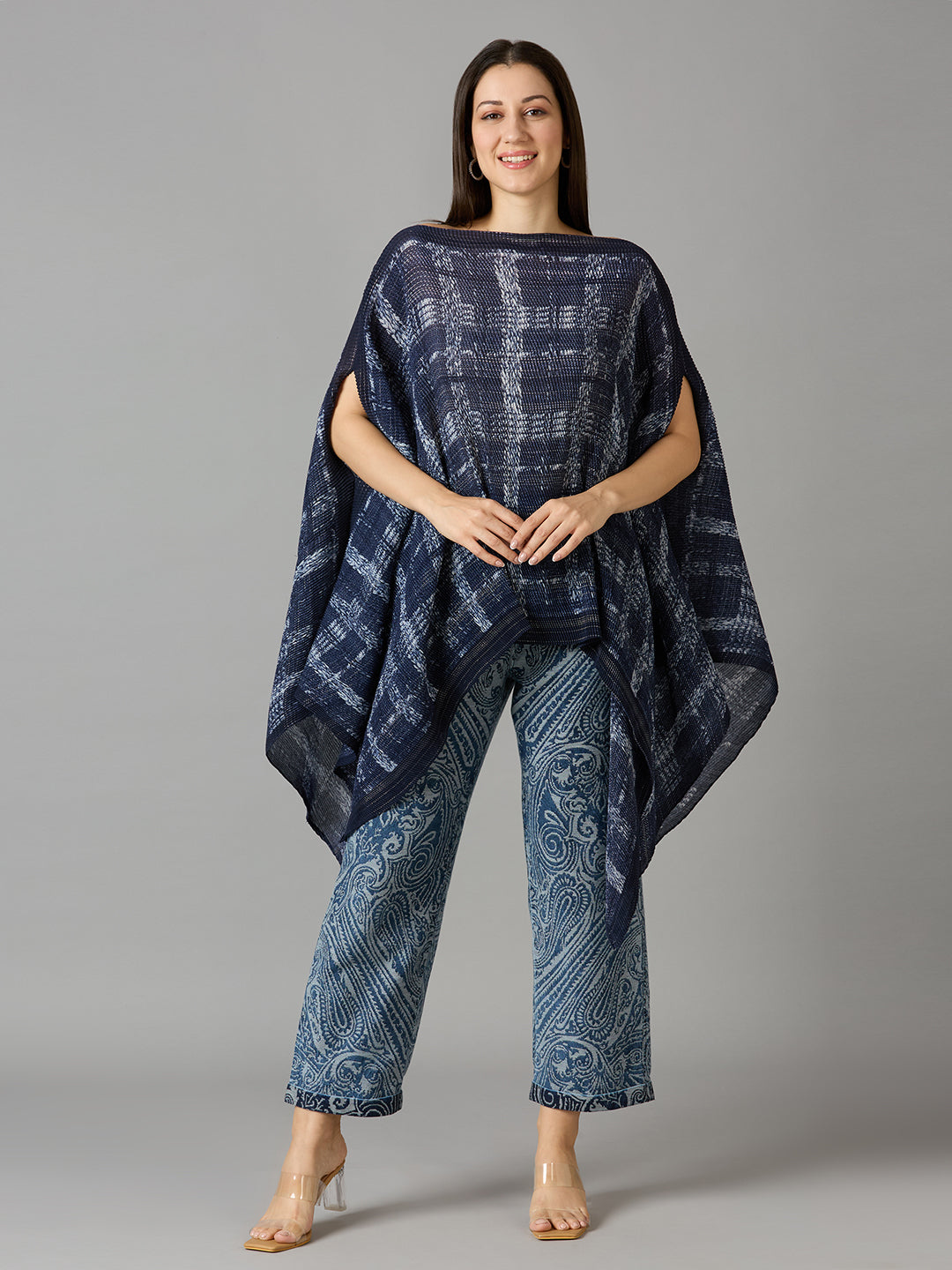 Brocade Checks Printed Denim Pleated Poncho