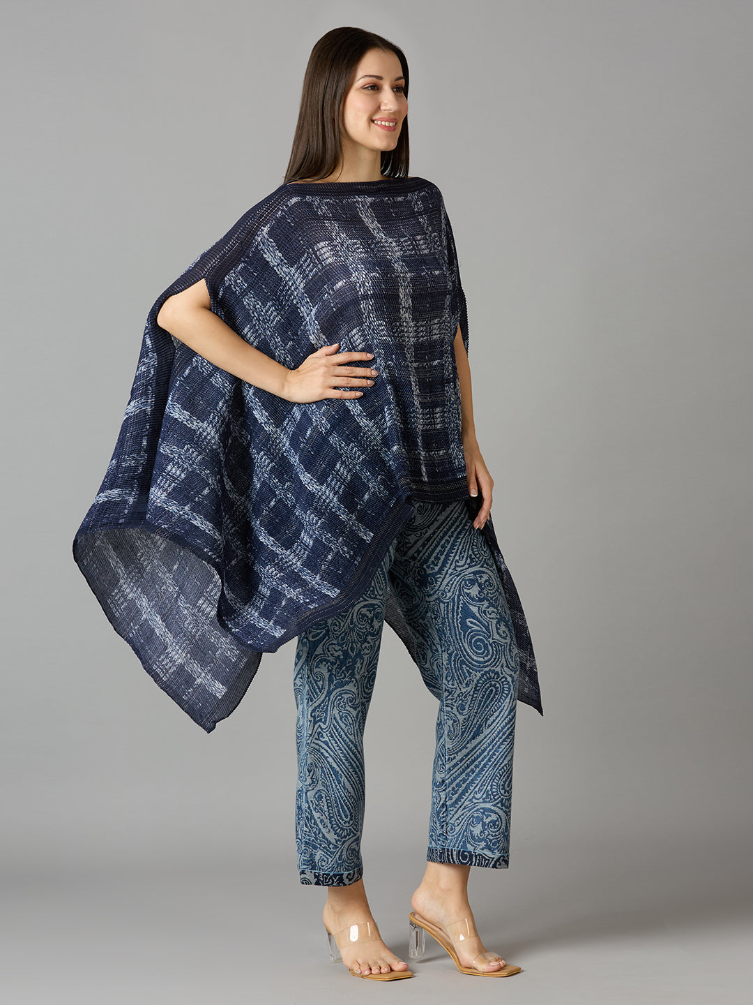 Denim Checks Printed Off Shoulder Brocade Pleated Poncho