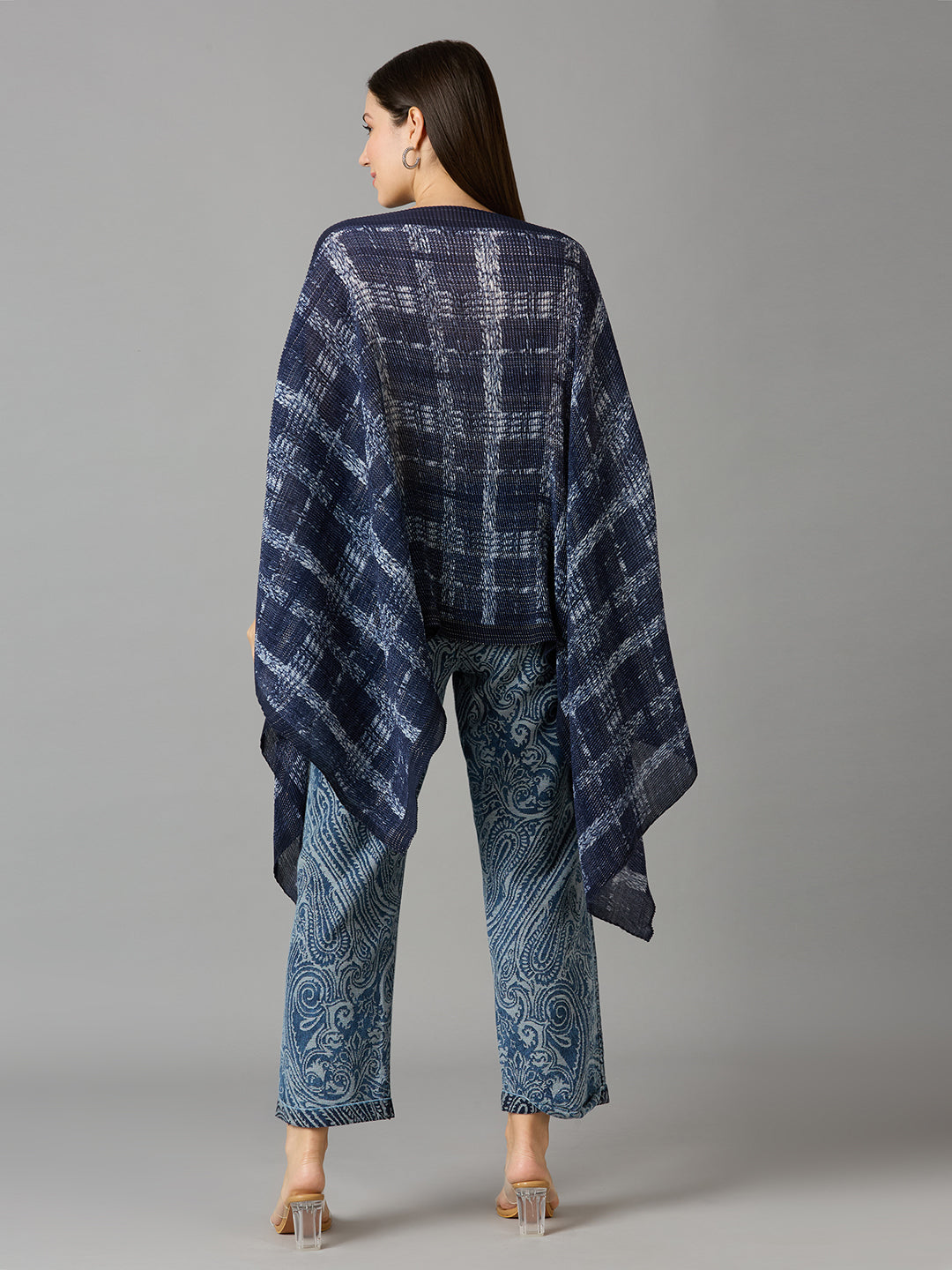 Denim Checks Printed Off Shoulder Brocade Pleated Poncho