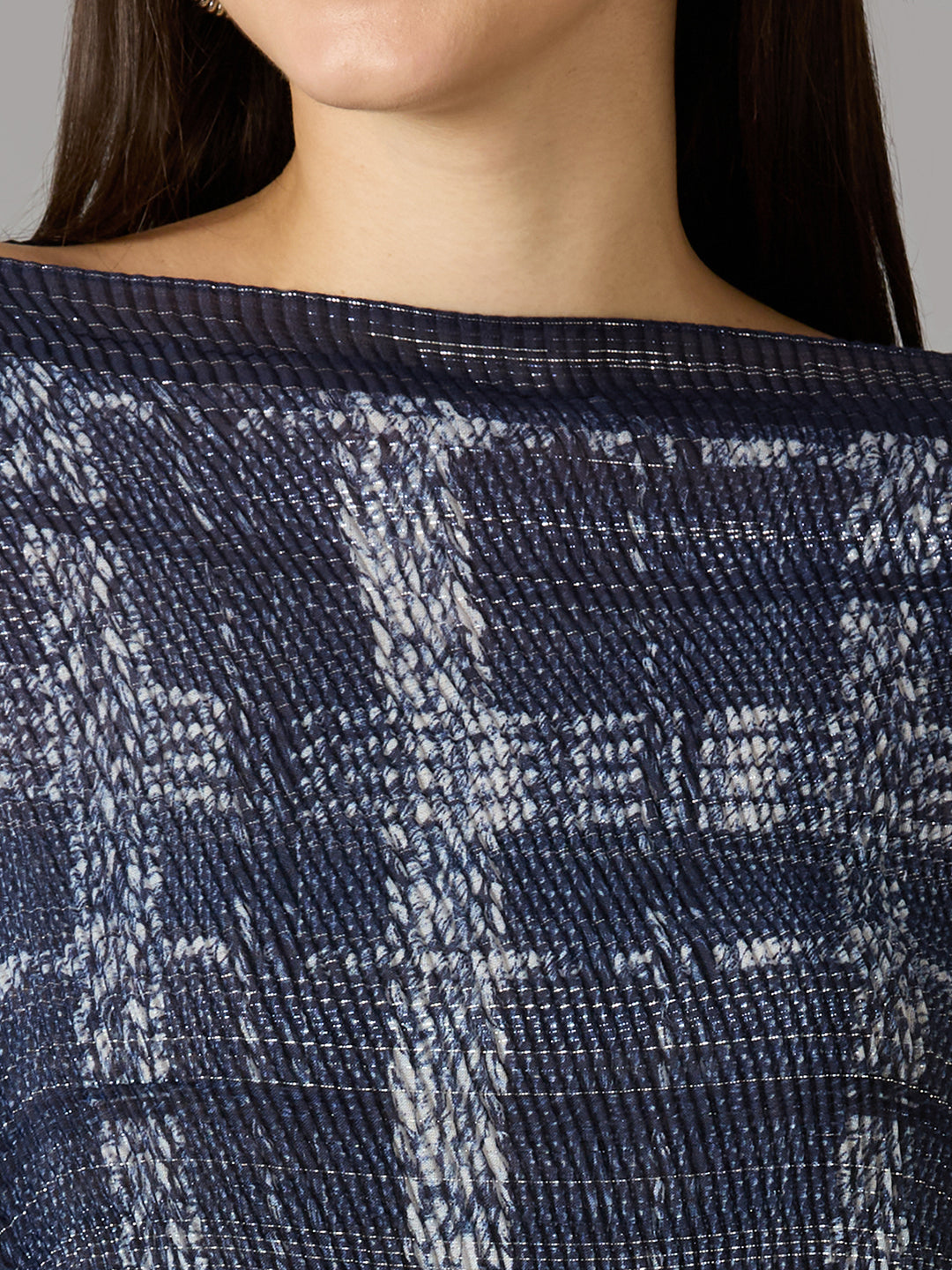 Denim Checks Printed Off Shoulder Brocade Pleated Poncho