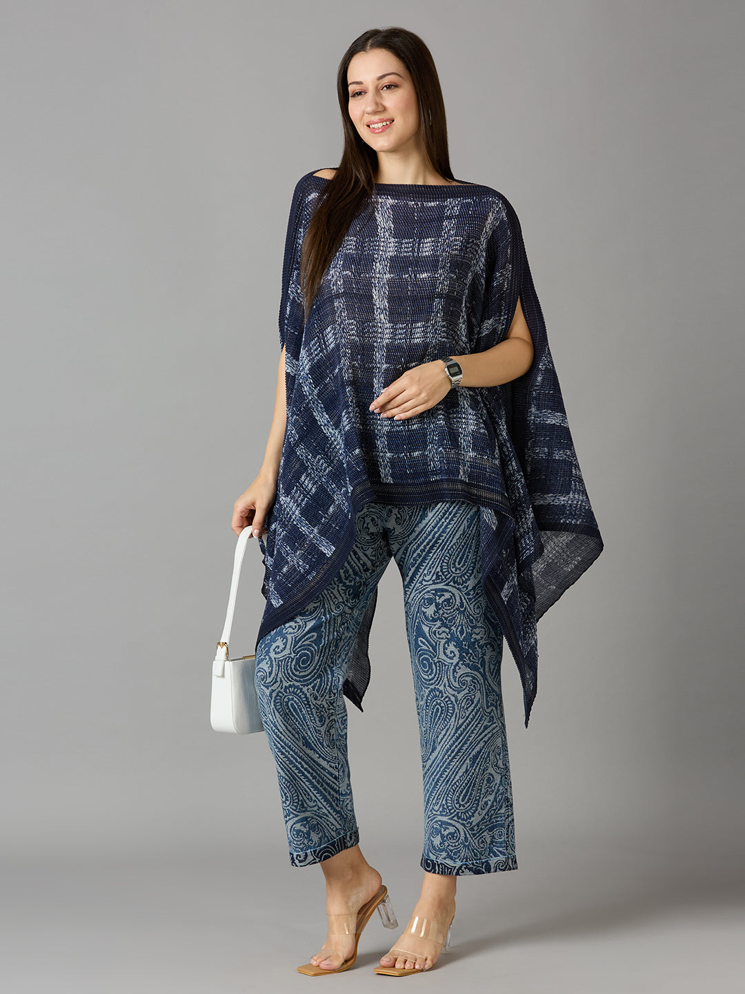 Denim Checks Printed Off Shoulder Brocade Pleated Poncho