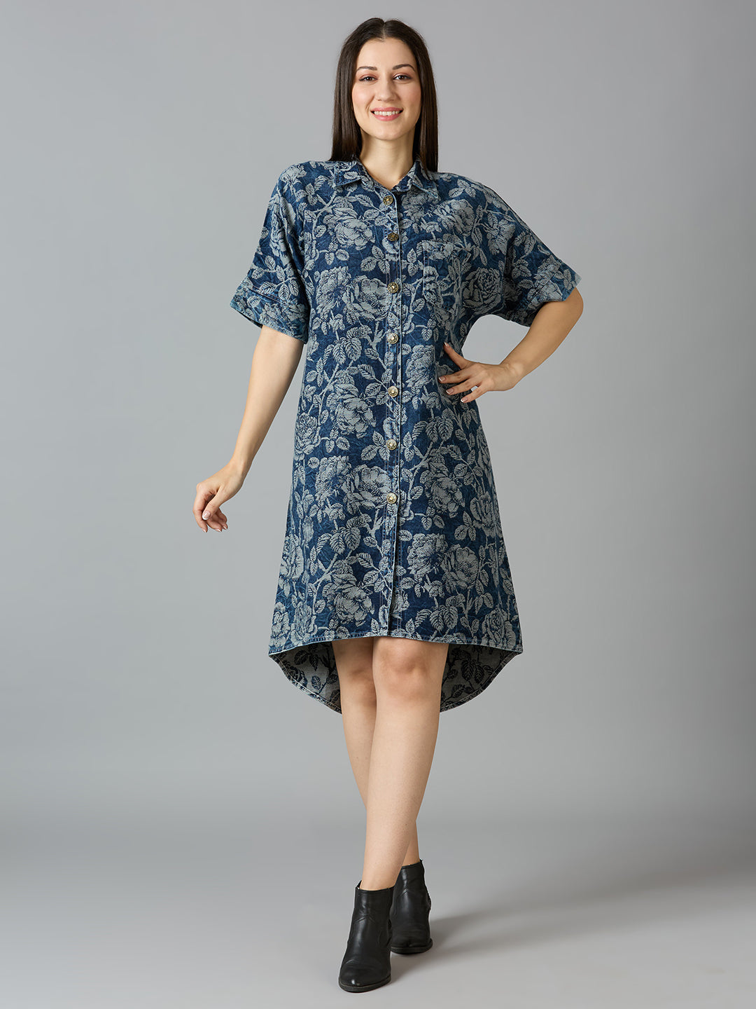 Denim Blue Floral Design Brocade Shirt Dress - Pre Order