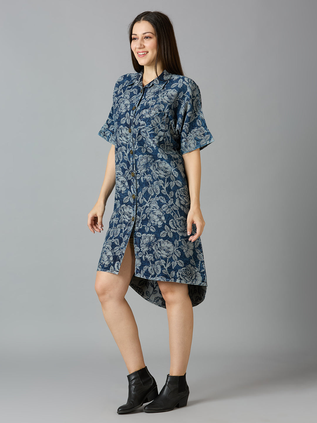 Denim Blue Floral Design Brocade Shirt Dress - Pre Order