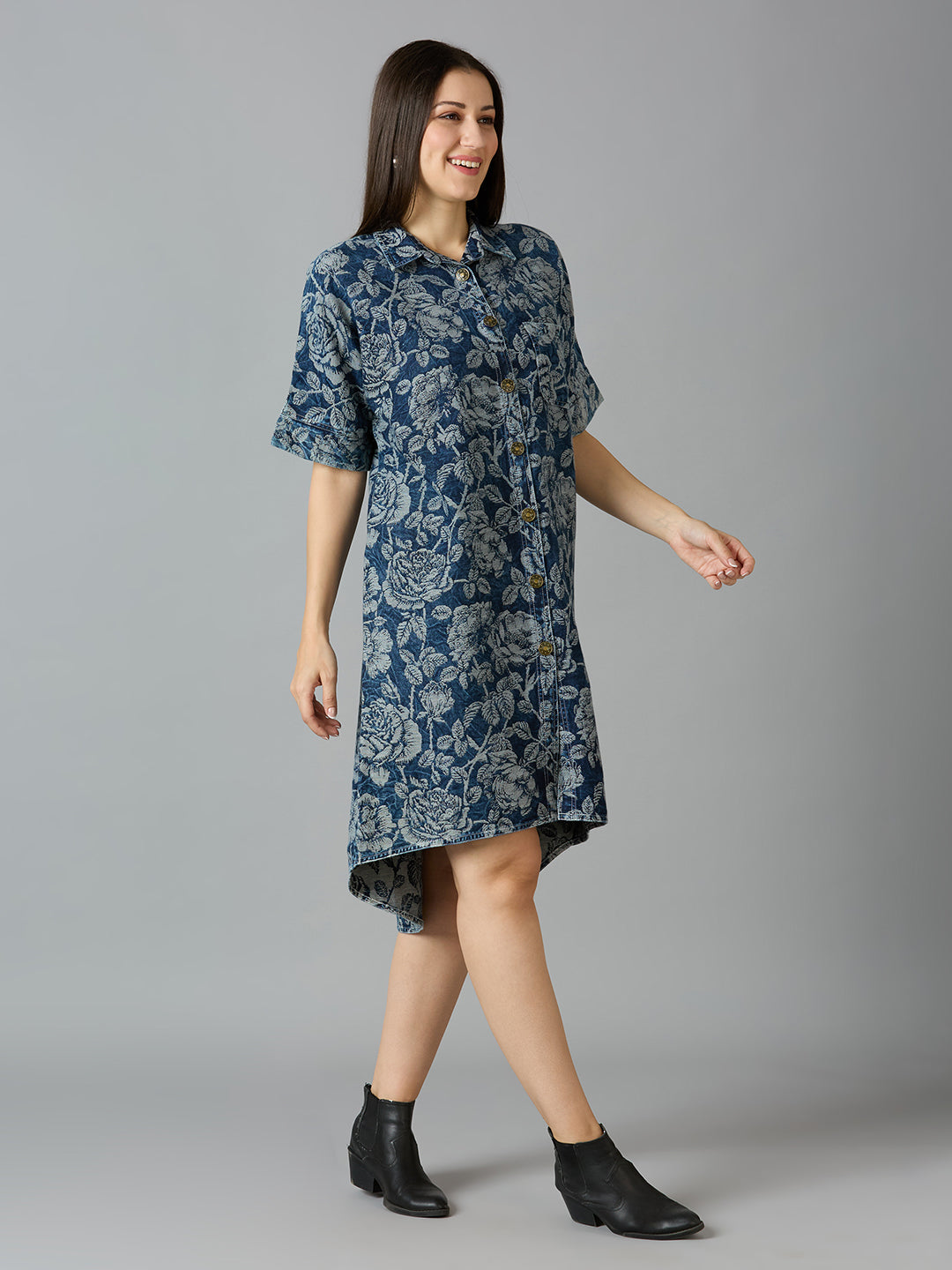 Denim Blue Floral Design Brocade Shirt Dress - Pre Order