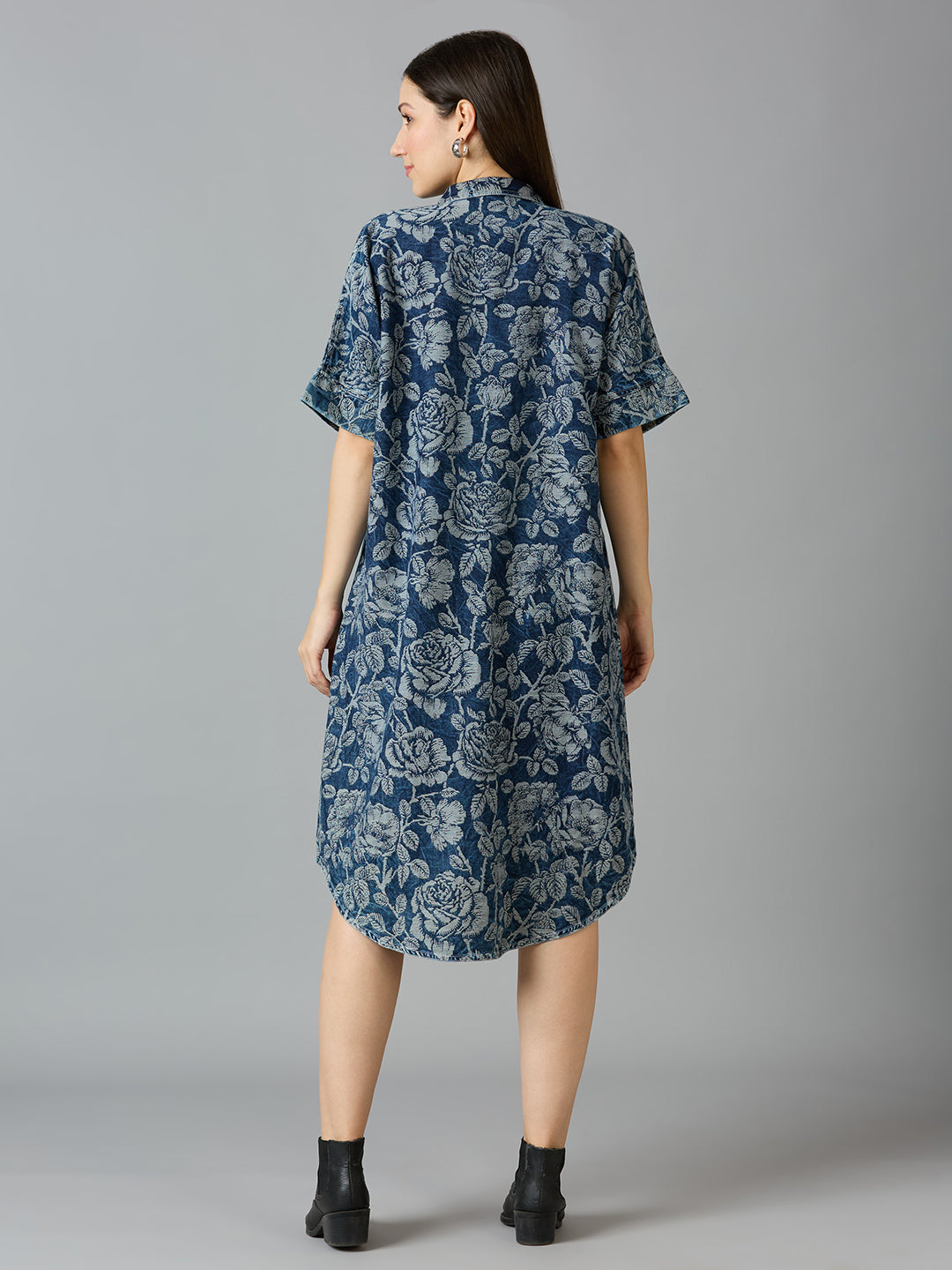 Denim Blue Floral Design Brocade Shirt Dress - Pre Order