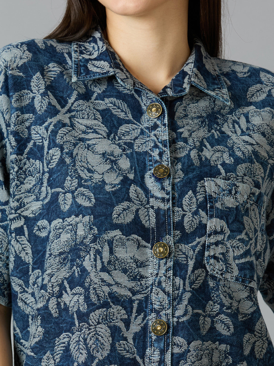 Denim Blue Floral Design Brocade Shirt Dress - Pre Order