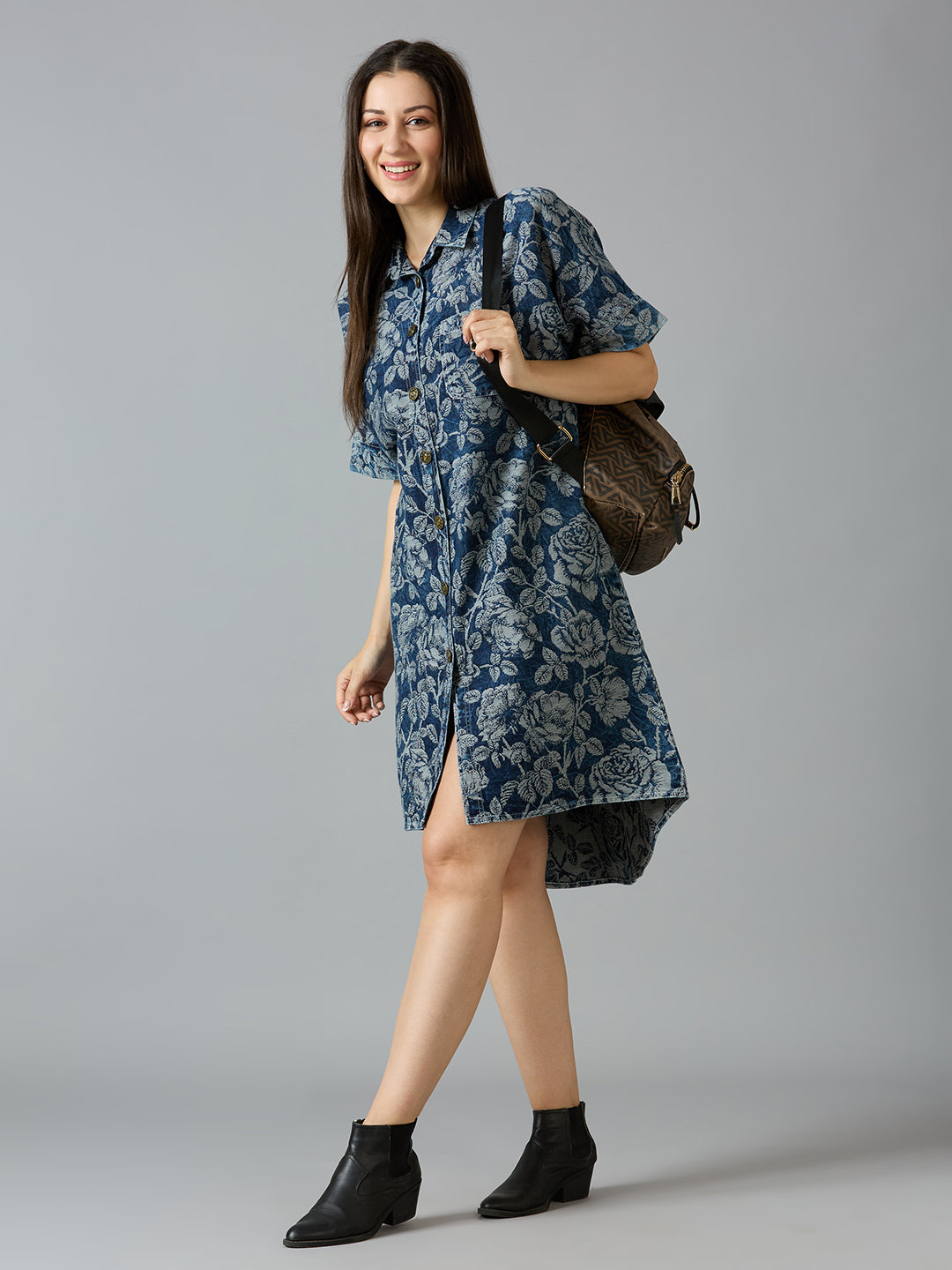 Denim Blue Floral Design Brocade Shirt Dress - Pre Order