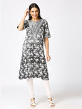 Grey Floral Printed Silver Metallic Kurta with Brocade Yolk