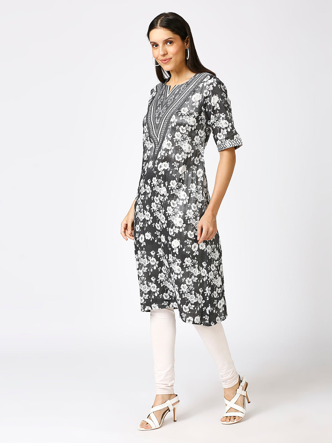 Grey Floral Printed Silver Metallic Kurti with Brocade Yolk