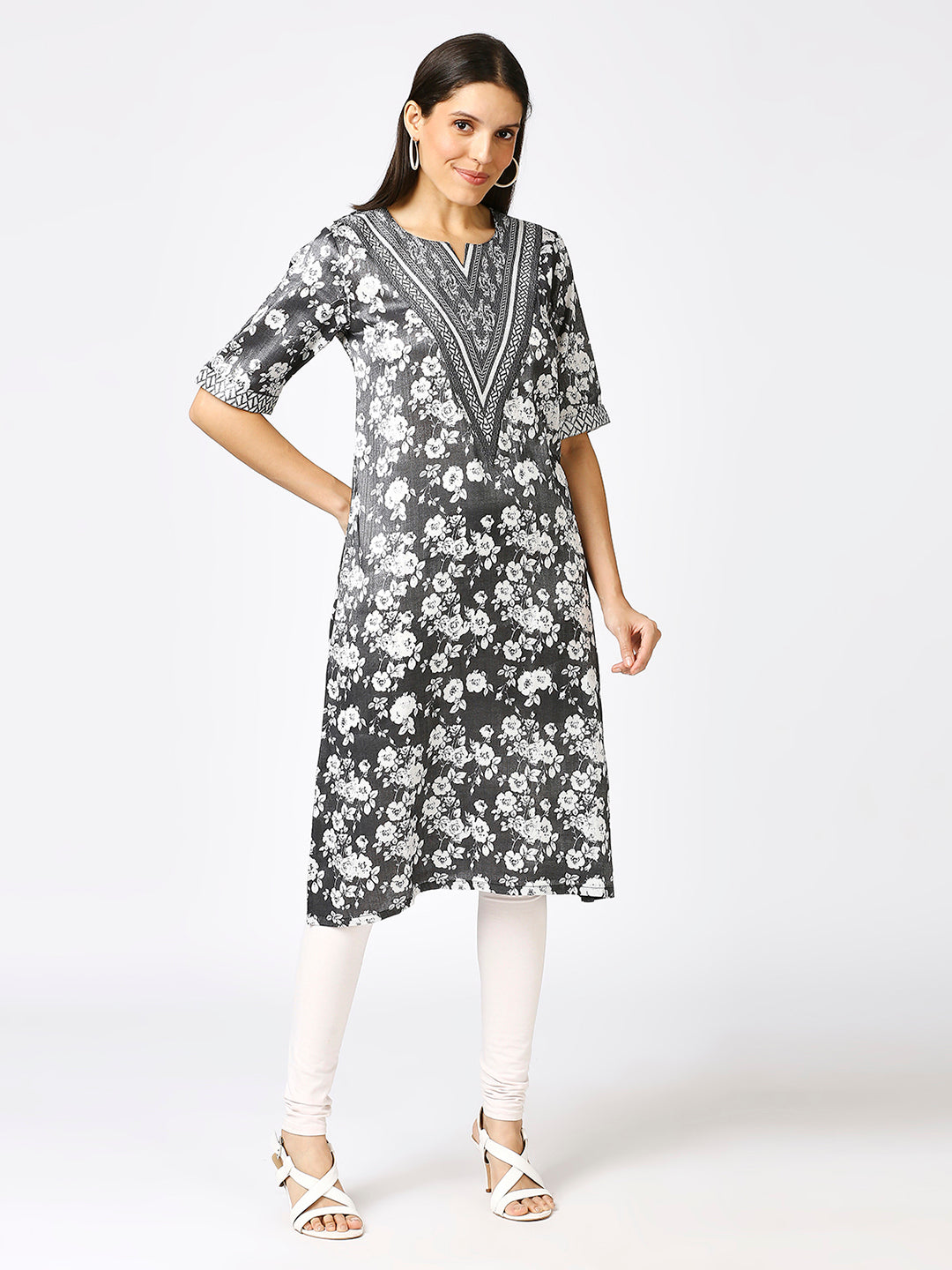 Grey Floral Printed Silver Metallic Kurti with Brocade Yolk