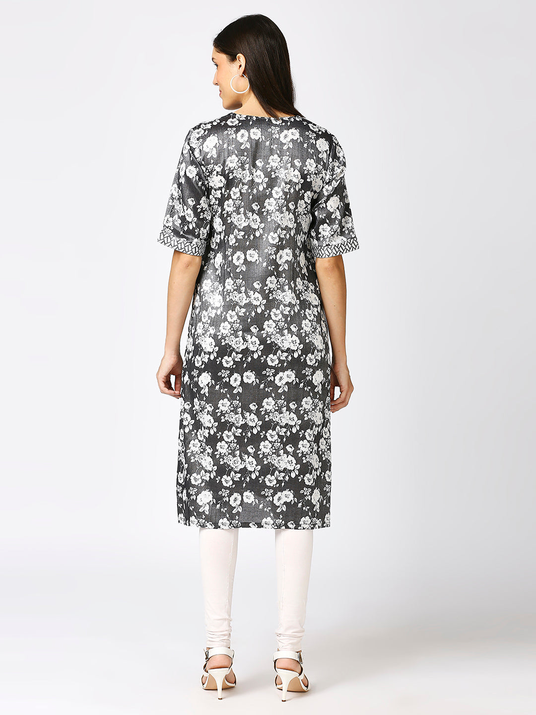 Grey Floral Printed Silver Metallic Kurti with Brocade Yolk