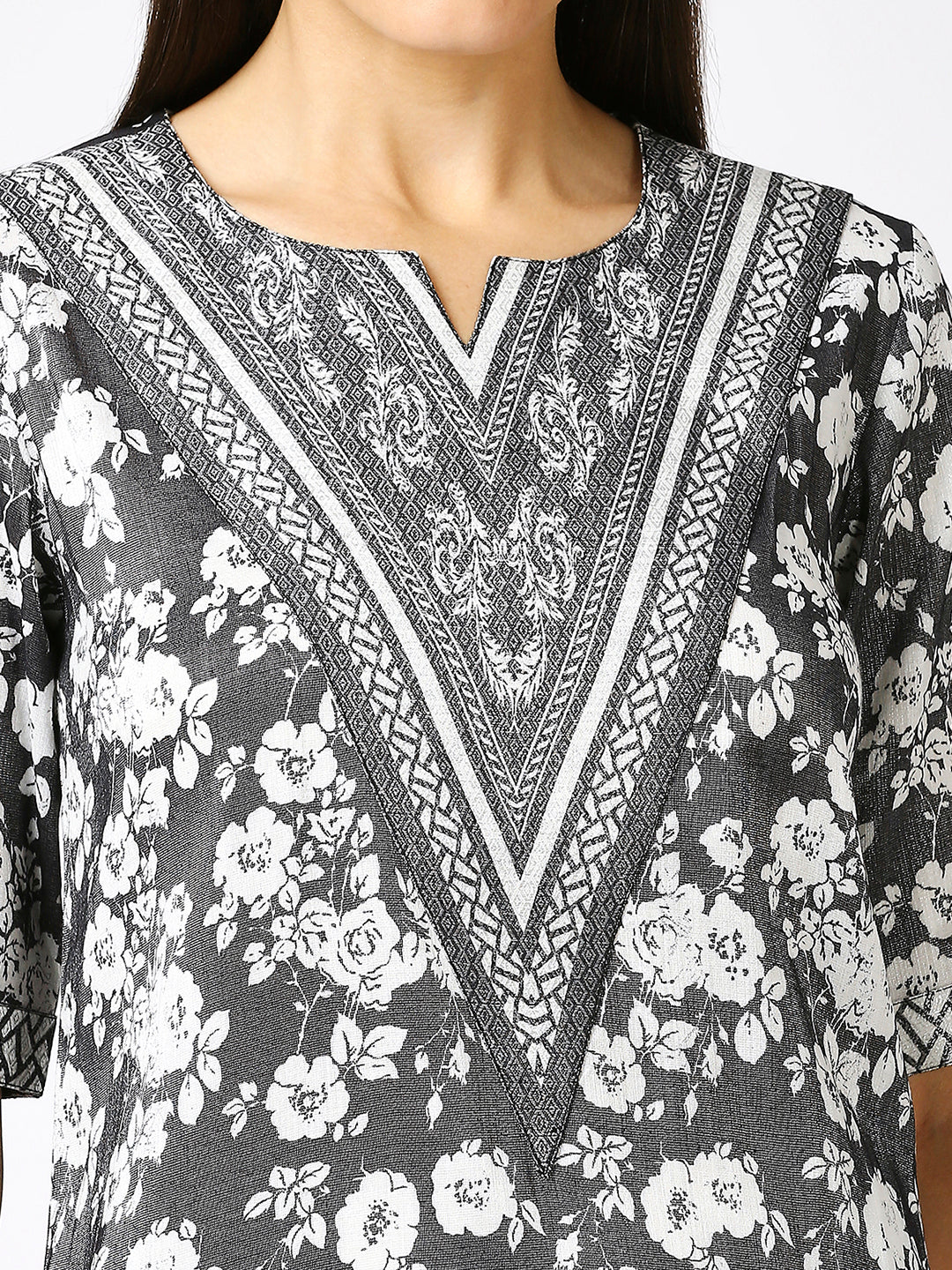 Grey Floral Printed Silver Metallic Kurti with Brocade Yolk