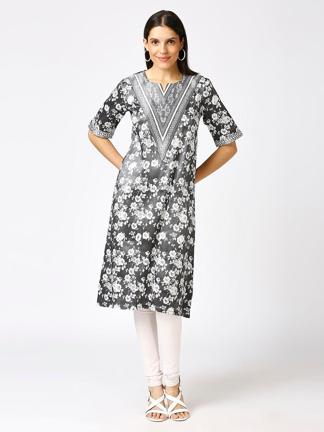 Grey Floral Printed Silver Metallic Kurti with Brocade Yolk