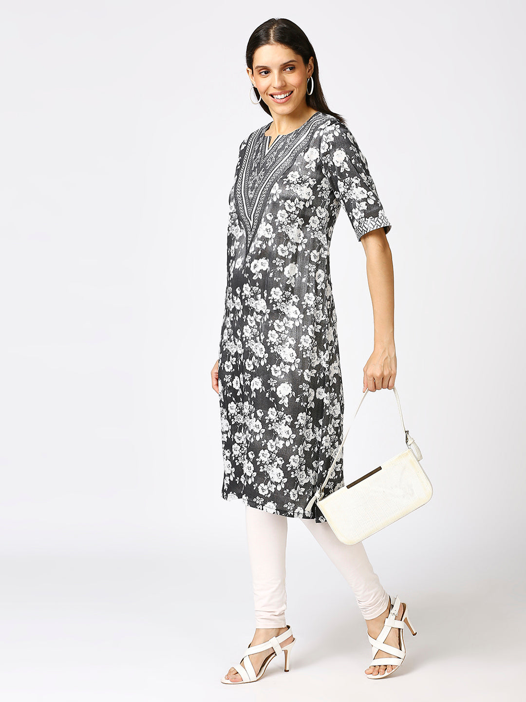 Grey Floral Printed Silver Metallic Kurti with Brocade Yolk