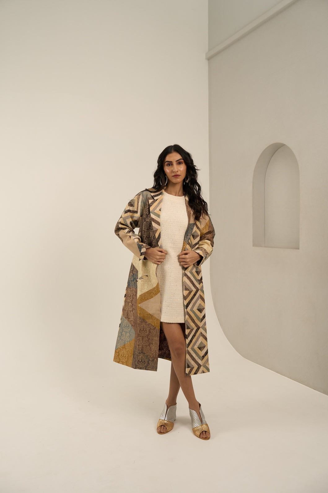 Geometric Printed Brocade Long Blazer