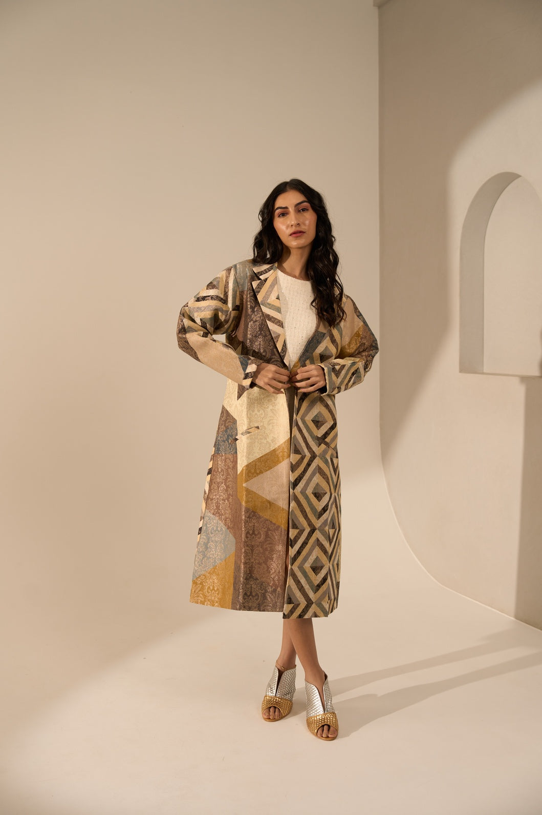 Geometric Printed Brocade Long Blazer
