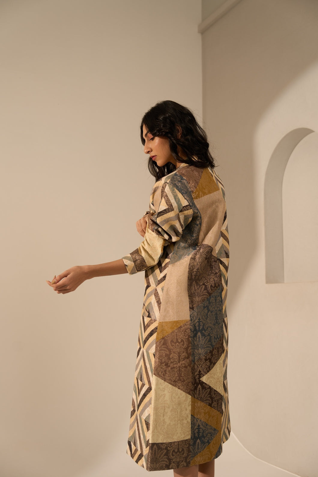 Geometric Printed Brocade Long Blazer