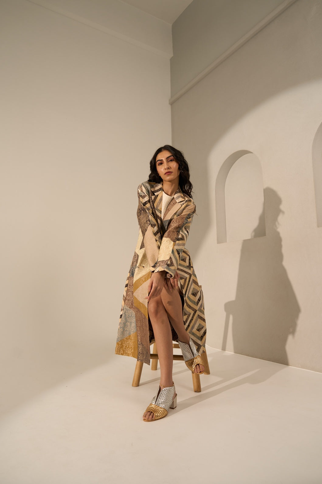 Geometric Printed Brocade Long Blazer