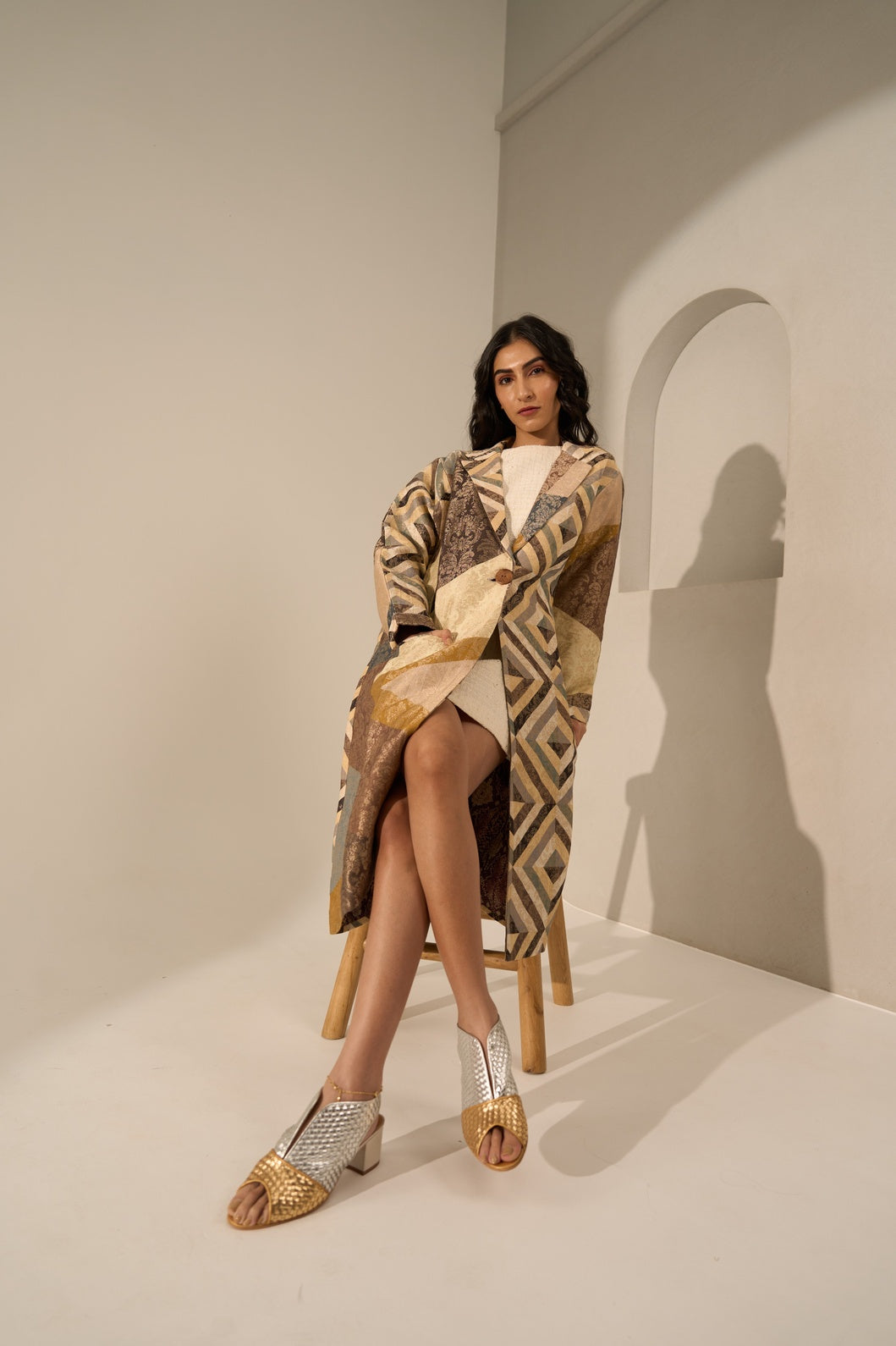 Geometric Printed Brocade Long Blazer