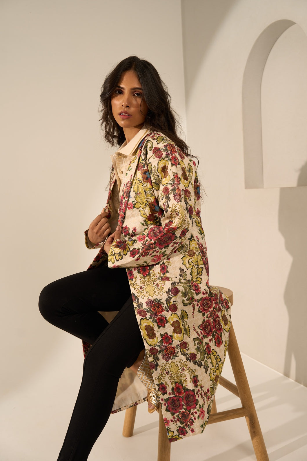 Brocade Floral Design Off white Long Blazer