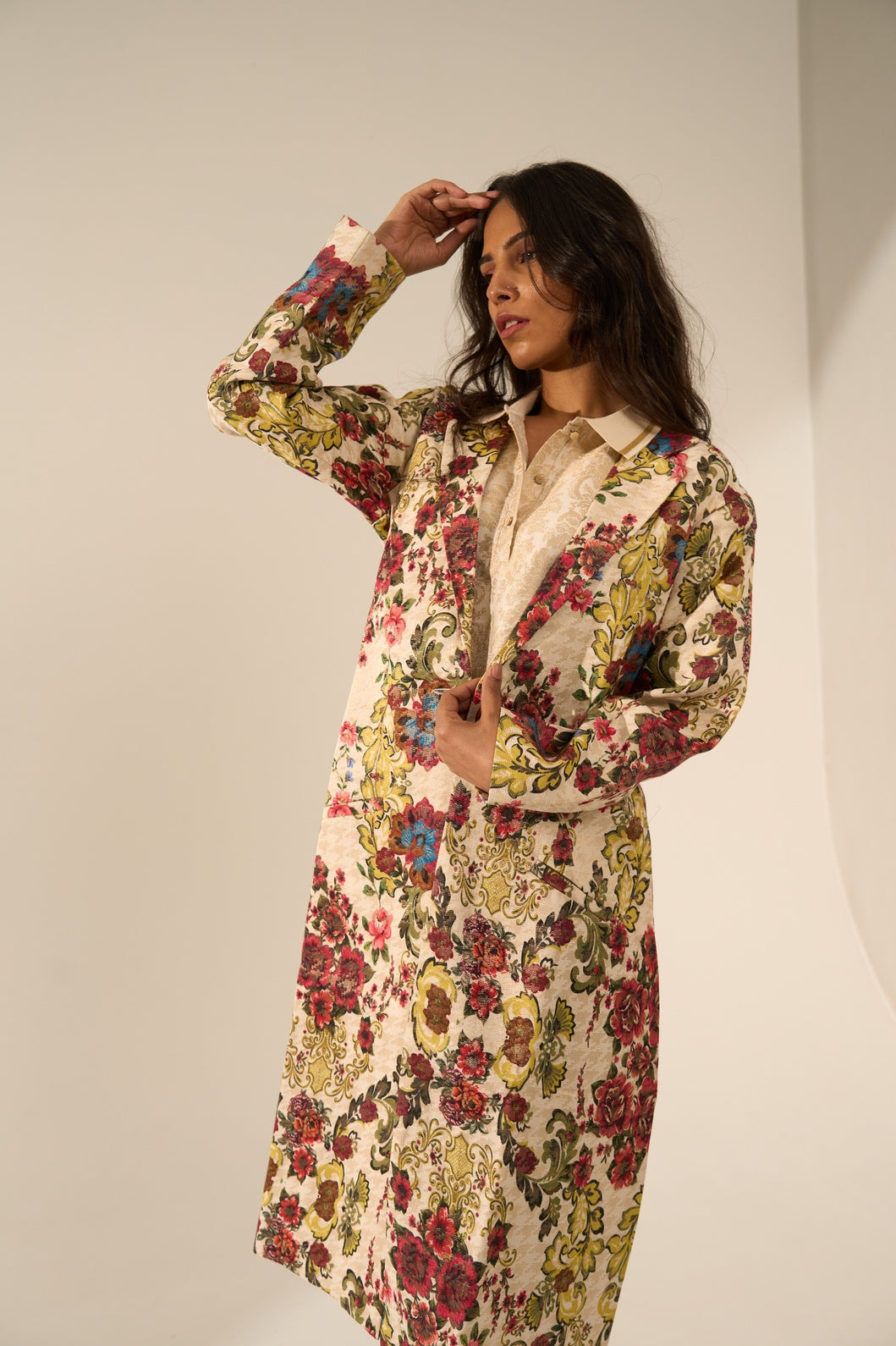 Offwhite Multicolored Floral Designed Brocade Metallic Long Blazer