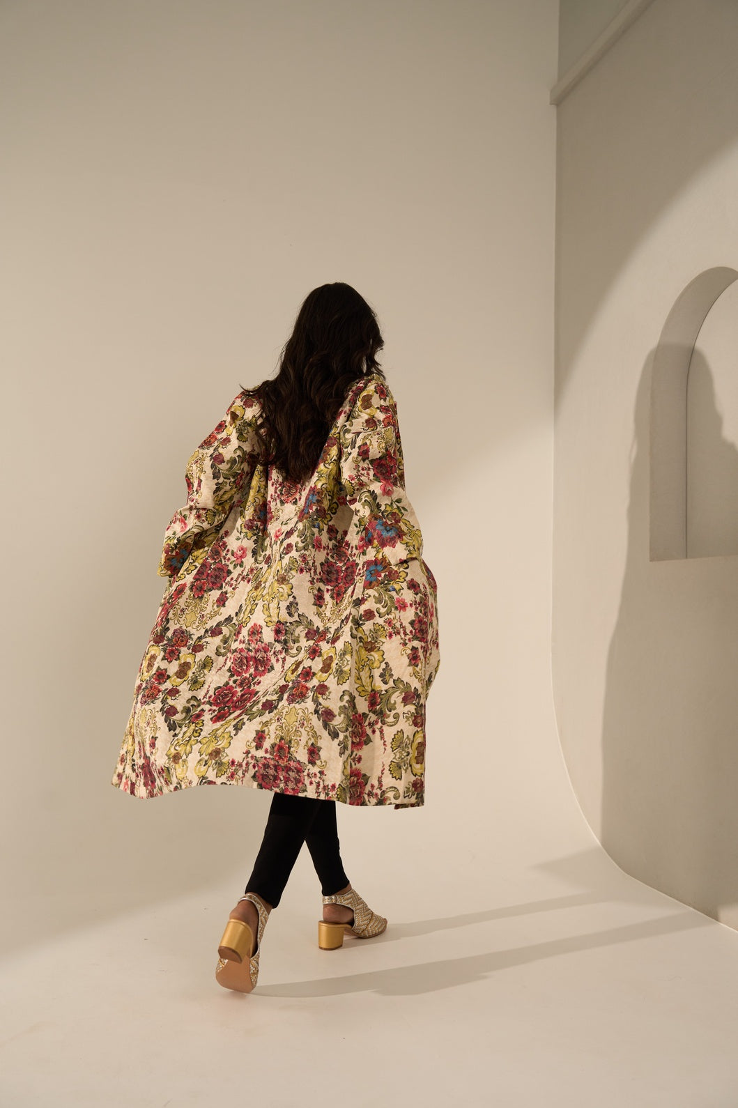 Offwhite Multicolored Floral Designed Brocade Metallic Long Blazer
