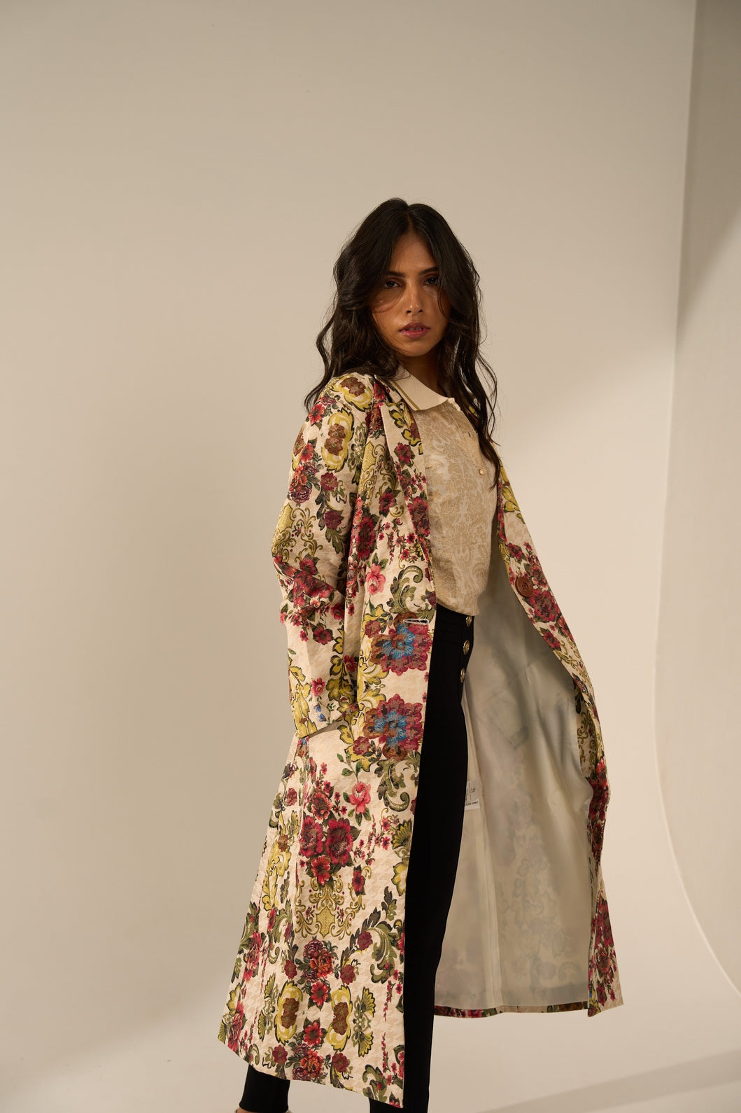 Offwhite Multicolored Floral Designed Brocade Metallic Long Blazer
