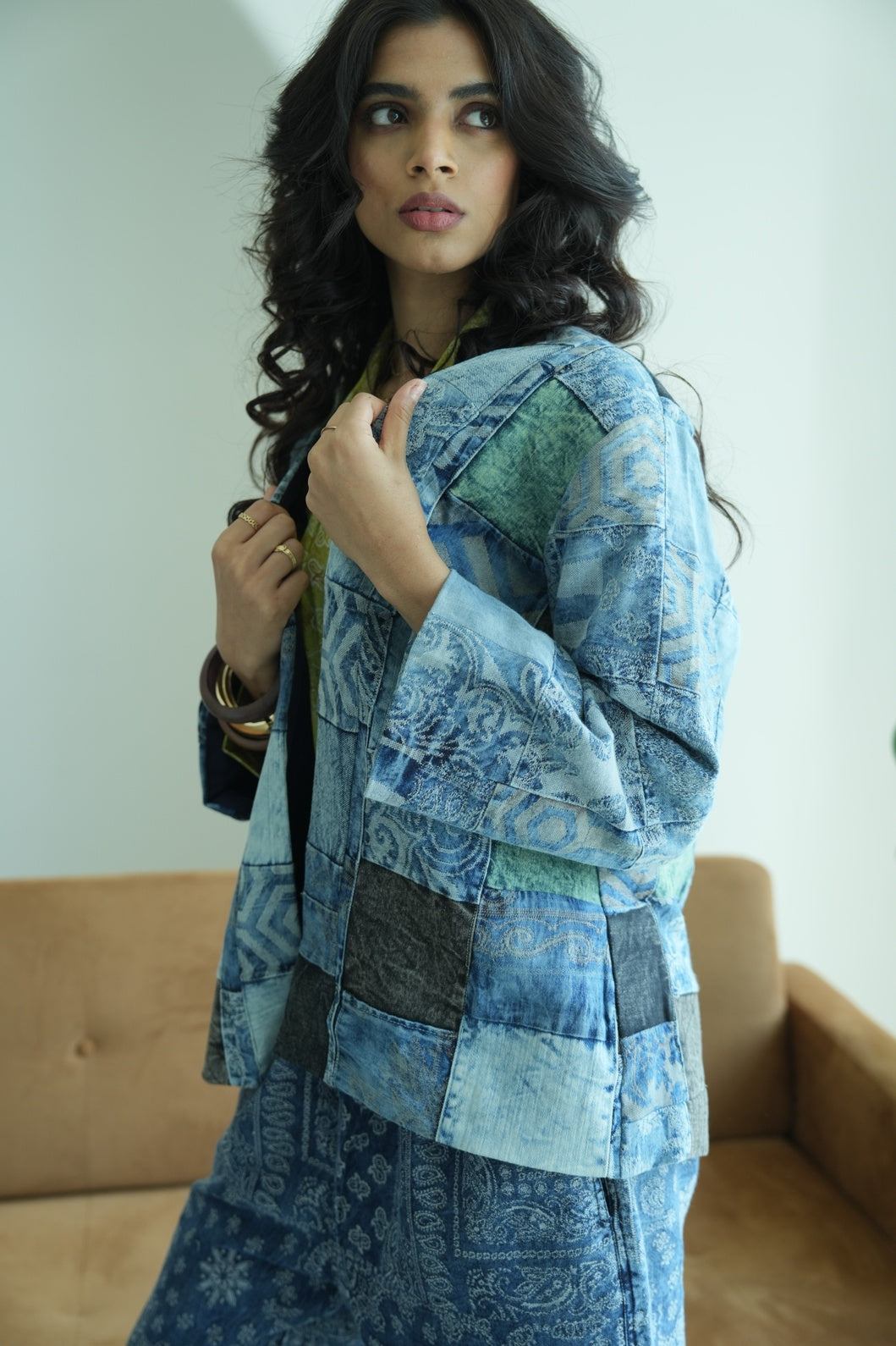 Brocade Patchwork Denim Short Jacket