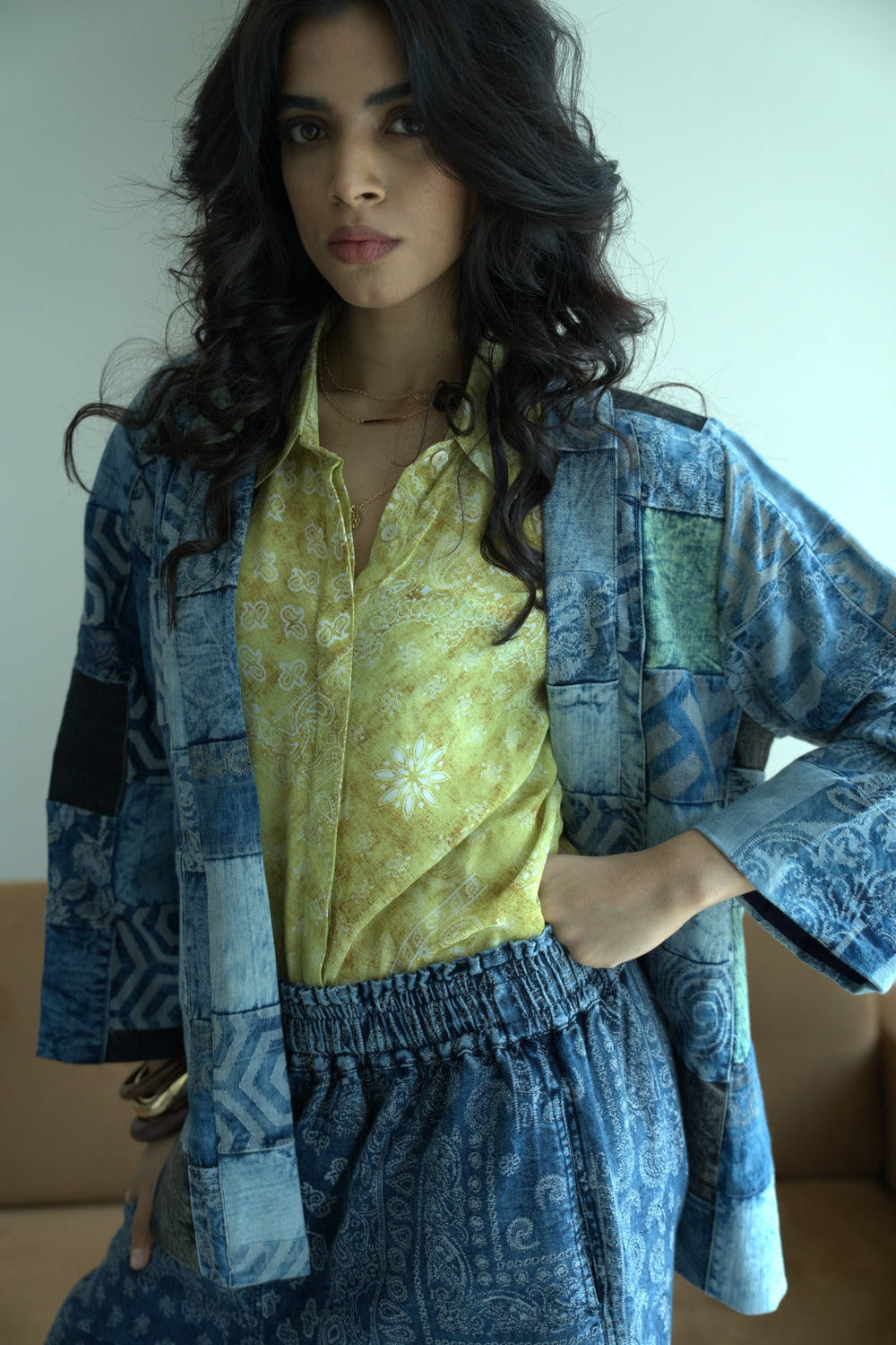 Brocade Patchwork Denim Short Jacket