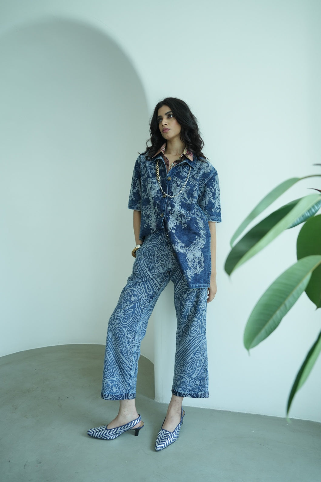Denim Brocade Paisley Slim Pants