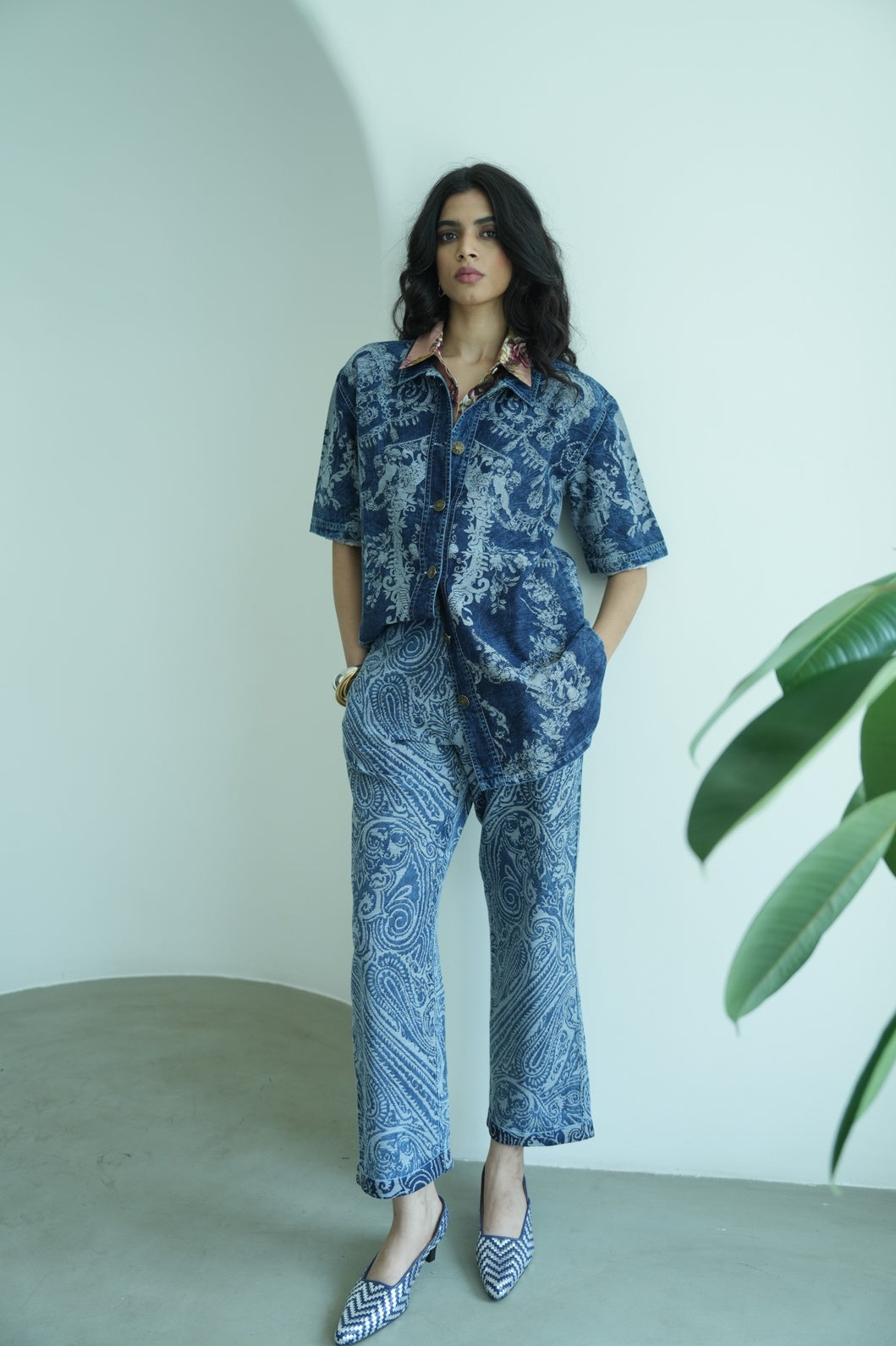Denim Metallic Brocade Paisley Slim Pants
