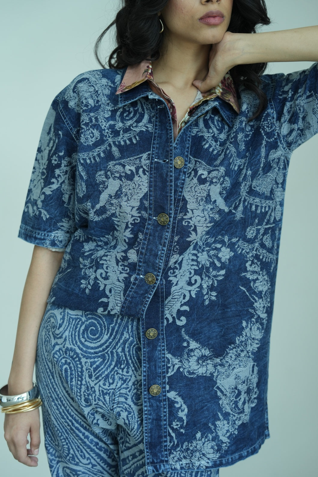 Denim Brocade Ornamental Design Shirt