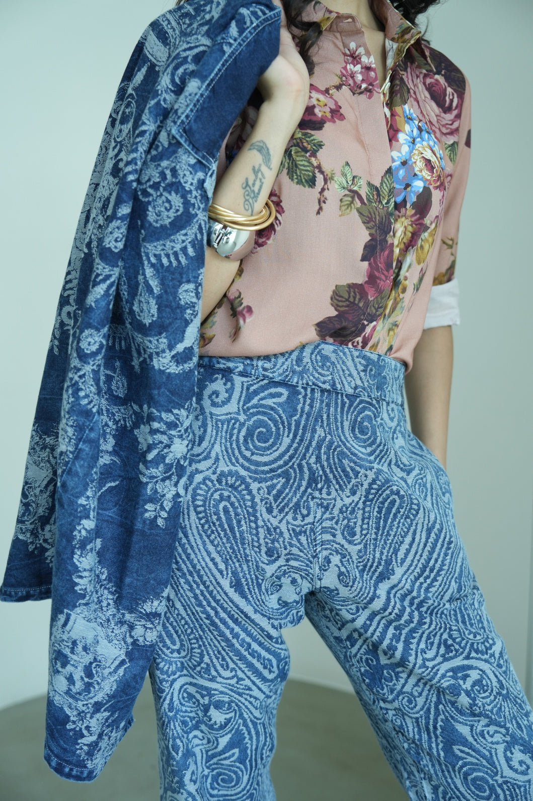 Denim Metallic Brocade Paisley Slim Pants
