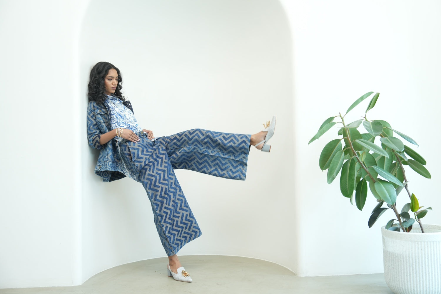Denim Metallic Brocade Geometric Flare Pants