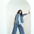 Denim Metallic Brocade Geometric Flare Pants