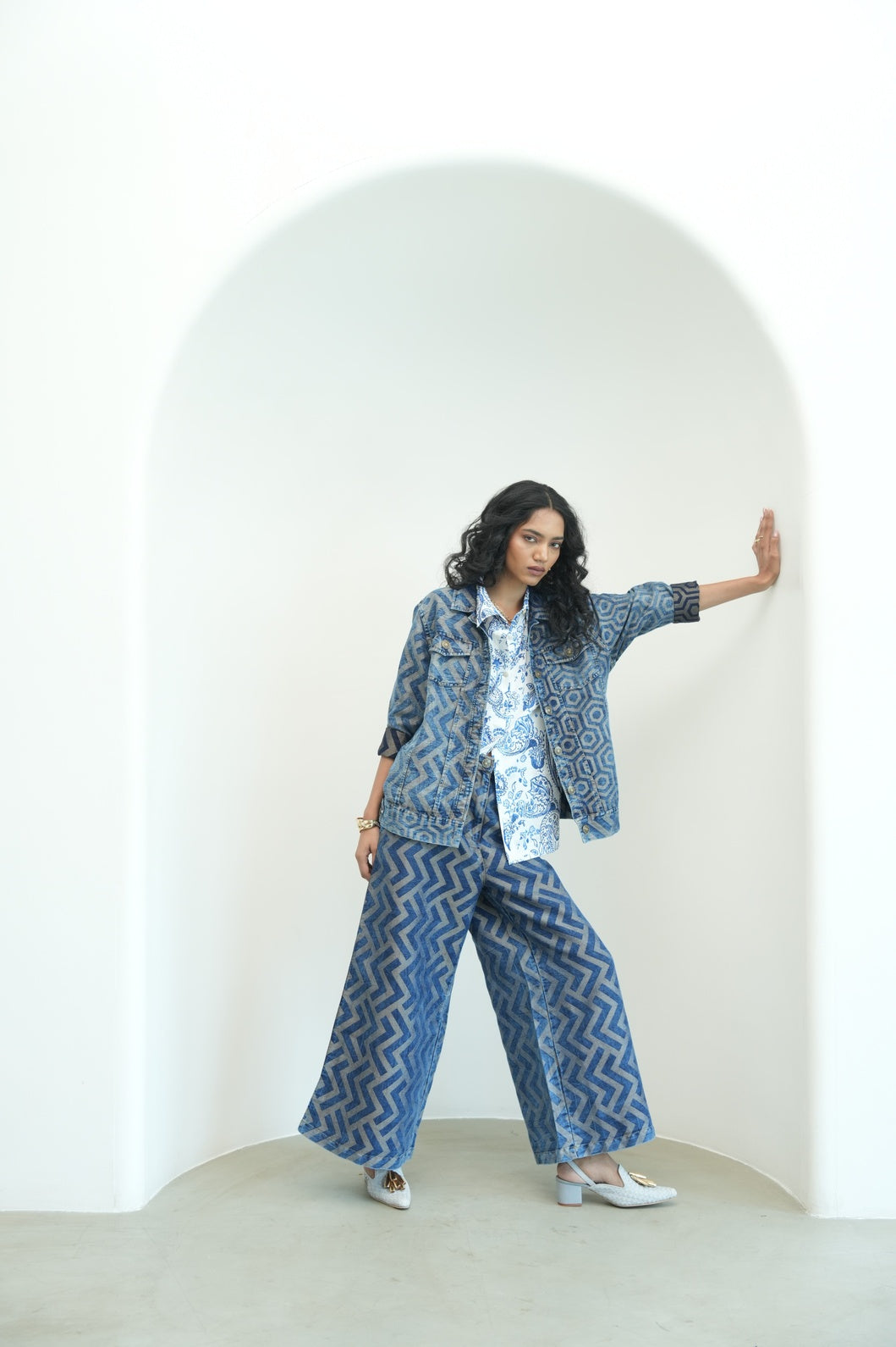 Denim Metallic Brocade Geometric Flare Pants