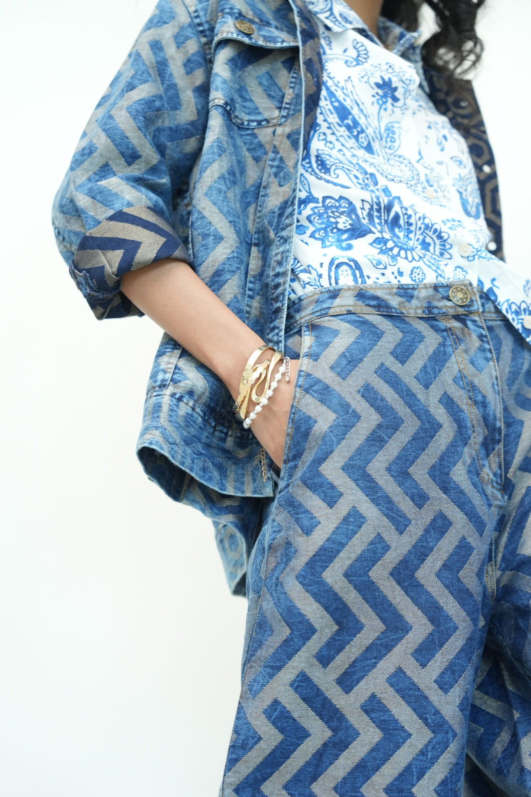 Denim Metallic Brocade Geometric Flare Pants-Pre Order