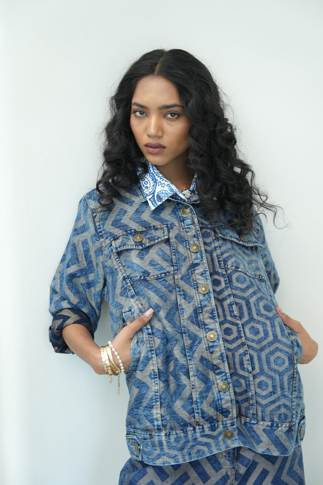 Brocade Denim Metallic Geometric Short Jacket