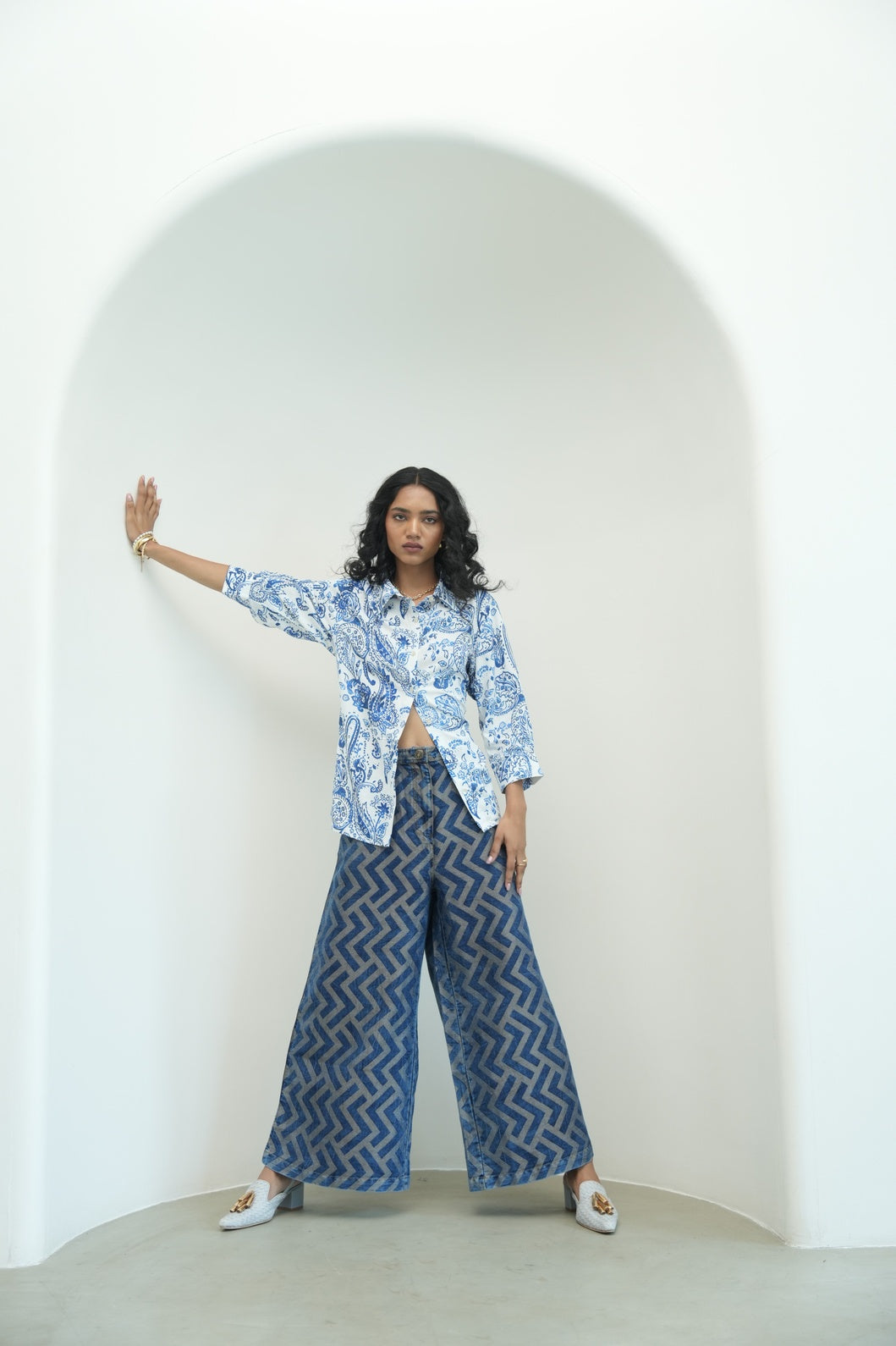 Denim Metallic Brocade Geometric Flare Pants-Pre Order