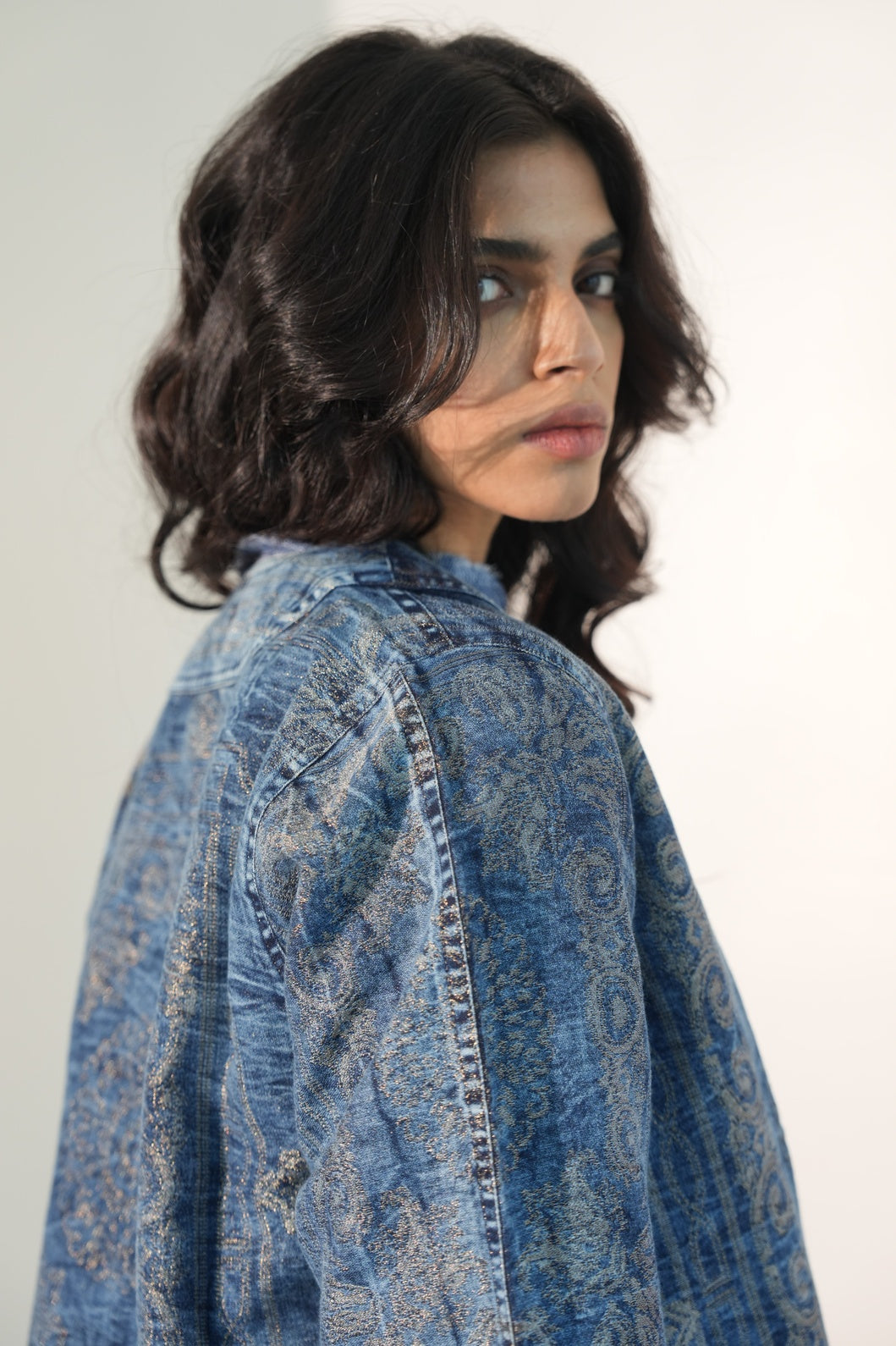 Denim Metallic Brocade Short Jacket